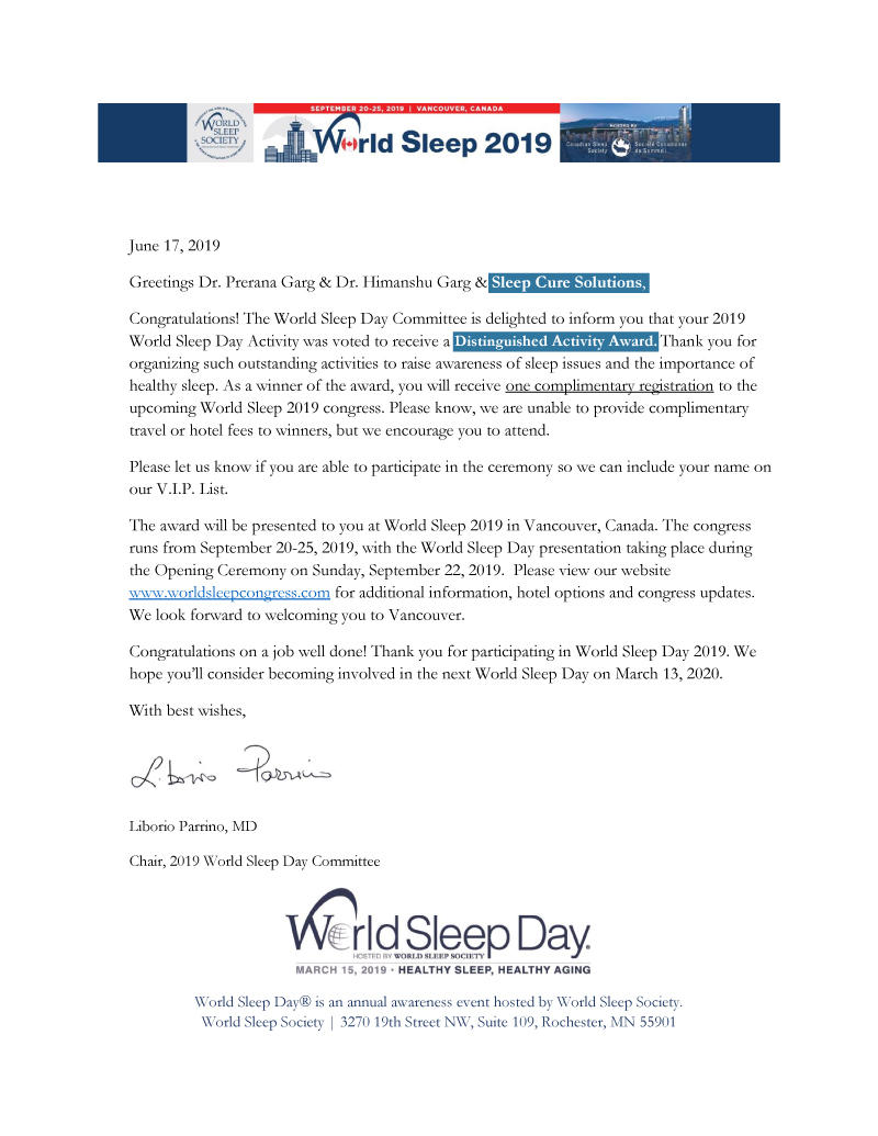 world sleep day 2019 distinguished activity award sleep cure solutions